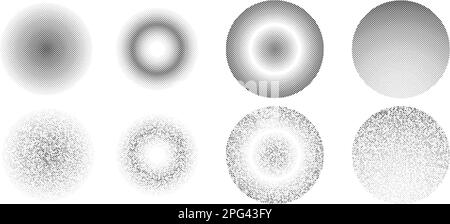 Halftone dots in circle frames, set of round dots pattern geometric backgrounds Stock Vector