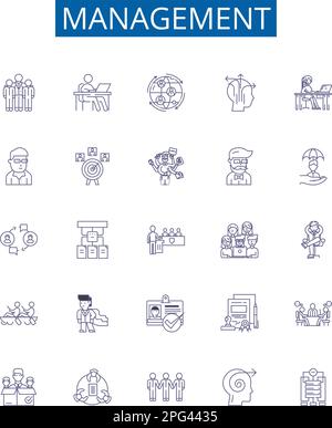 Management line icons signs set. Design collection of Lead, Organize, Control, Plan, Direct, Strategize, Supervise, Monitor outline concept vector Stock Vector