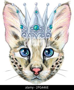 Cute cat with golden crown. Cat for t-shirt graphics. Watercolor Savannah cat illustration Stock Photo