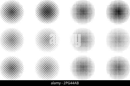 Halftone dots in circle frames, set of round dots pattern geometric backgrounds Stock Vector