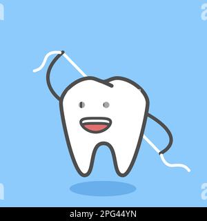 Funny tooth character with dental floss, oral hygiene and teeth cleaning, molar with dental thread, vector Stock Vector