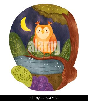 Owl bird on tree in forest at night . Realistic watercolor paint with paper textured . Cartoon character design . Vector . Stock Vector