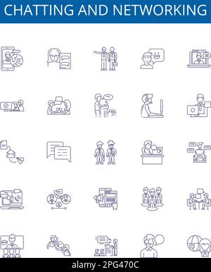 Chatting and networking line icons signs set. Design collection of Chatting, Networking, Messaging, Socializing, Communicating, Connecting Stock Vector