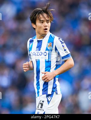 Takefusa Kubo of Real Sociedad during the La Liga match between Real Sociedad and Elche CF played at Reale Arena Stadium on March 19, 2023 in San Sebastian, Spain. (Photo by Cesar Ortiz / PRESSIN) Stock Photo