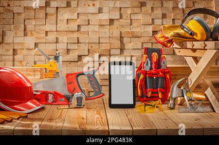 Construction Carpenters Tools Set On Wooden Background Smartphone Screen Mock Up Stock Photo
