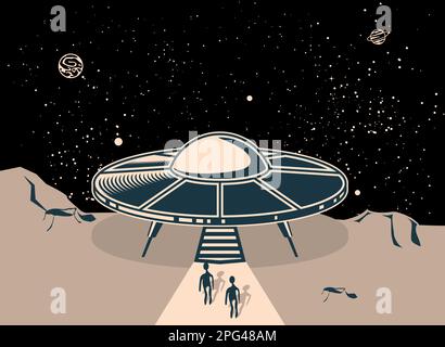 UFO flying saucer, landed on planet, two disembarked aliens,  ufo disk in cosmos, vector Stock Vector
