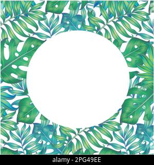 Background with tropical leaves. White circle in the center. Isolated on white. Stock Vector