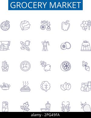 Grocery market line icons signs set. Design collection of Groceries, Market, Supermarket, Shopping, Fruits, Vegetables, Dairy, Staples outline concept Stock Vector