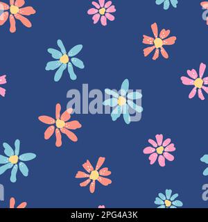 Cute hand drawn floral seamless pattern, lovely daisies on colorful background, great for textiles, banners, wallpapers - vector design Stock Vector