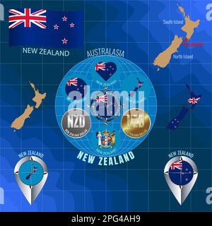 Set of illustrations of flag, outline map, icons of NEW ZEALAND. Travel concept. Stock Photo