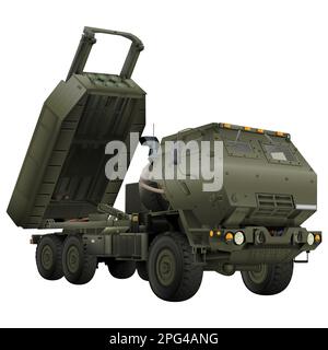 HIMARS in realistic style. M142 High Mobility Artillery Rocket System. Tactical truck. Printable design to fill. Vector illustration on a white background. Stock Vector