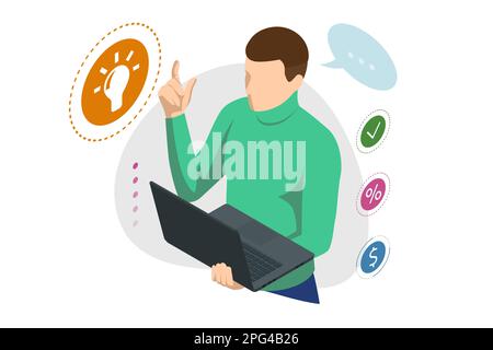 Isometric businessman holding a laptop and a light bulb symbol. Sharing business ideas, collaboration meeting, sharing knowledge Stock Vector