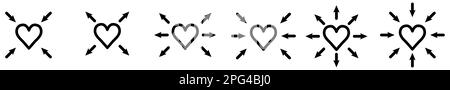 Arrows pointing to heart icon. Concept of love or cardio health importance. Version with outward and inward points Stock Vector