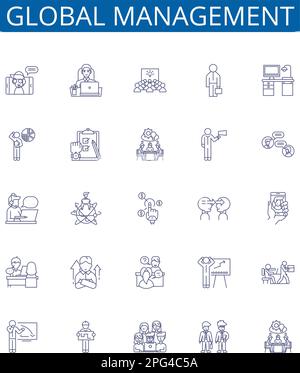 Global management line icons signs set. Design collection of Global, Management, International, Organization, Strategic, Leadership, Transformation Stock Vector