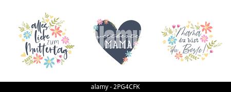 Cute hand drawn Mother's Day design with cute handwriting in German 'For Mom' 'Best Mom' and lovely flowers, great for cards, wallpapers, banners - ve Stock Vector