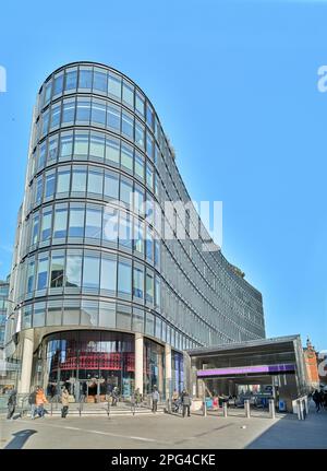 Entrance to Elizabeth line underground station next to the office block building at Liverpool street, London, England. Stock Photo