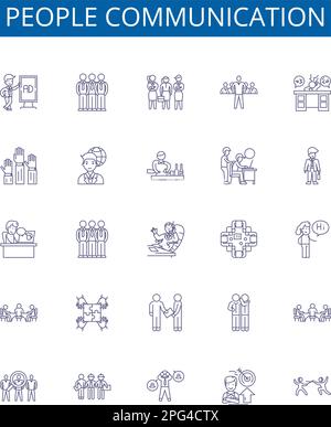 People communication line icons signs set. Design collection of Dialog, Chatting, Conversing, Networking, Corresponding, Phoning, Interacting Stock Vector