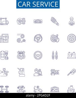 Car service line icons signs set. Design collection of Automotive, Repair, Maintenance, Tune up, Diagnostics, Waxing, Oil, Change outline concept Stock Vector