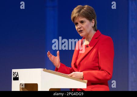 Nicola Sturgeon gives the keynote address to the RSA Fellowship in her final public event as Scottish First Minister, at RSA House,central London, reflecting on her time in office and leadership lessons learned through an era of unprecedented challenge and change. Picture date: Monday March 20, 2023. Stock Photo