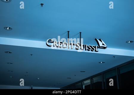Large signage of Credit Suisse bank on building headquarters in Zurich city Switzerland on March 16 2023, no people.. Stock Photo