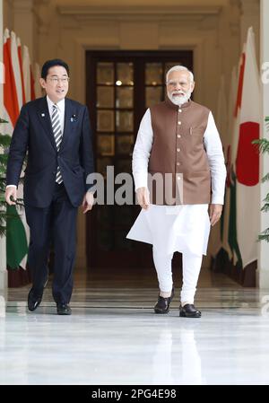 New Delhi, India. 20th Mar, 2023. Indian Prime Minister Narendra Modi, right, escorts Japanese Prime Minister Fumio Kishida before bilateral discussions at Hyderabad House, March 20, 2023 in Delhi, India. Kishida is in India on a two-day trip to deepen cooperation between the two Asian powers. Credit: Press Information Bureau/PIB Photo/Alamy Live News Stock Photo