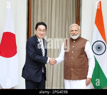 New Delhi, India. 20th Mar, 2023. Indian Prime Minister Narendra Modi, right, welcomes Japanese Prime Minister Fumio Kishida to Hyderabad House, March 20, 2023 in Delhi, India. Kishida is in India on a two-day trip to deepen cooperation between the two Asian powers. Credit: Press Information Bureau/PIB Photo/Alamy Live News Stock Photo