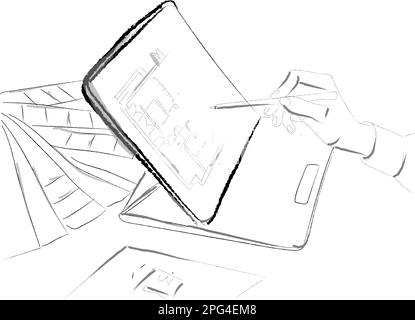Drawing on a tablet vector. Close up plan design digital art creating Stock Vector