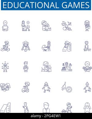 Educational games line icons signs set. Design collection of Educational, Games, Learning, Teaching, Puzzles, Quizzes, Gameshows, Simulations outline Stock Vector