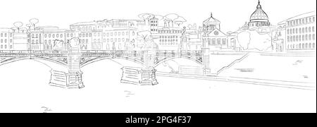 Rome city vector sketch. Vintage style with St Angelo Bridge on Tiber River view Stock Vector