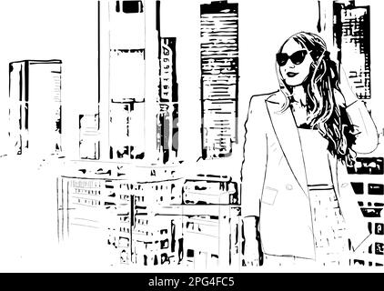 Woman in the big city vector line art. Business woman walking skyscrapers background Stock Vector