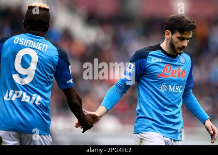 Turin, Italy. 19 March 2023. Khvicha Kvaratskhelia of SSC Napoli shakes hands with Victor Osimhen of SSC Napoli during the Serie A football match between Torino FC and SSC Napoli. Credit: Nicolò Campo/Alamy Live News Stock Photo