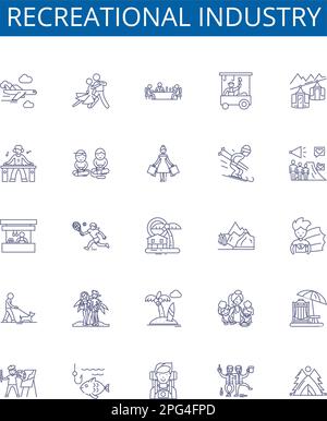 Recreational industry line icons signs set. Design collection of Hiking, Boating, Skiing, Fishing, Camping, Swimming, Surfing, Kayaking outline Stock Vector