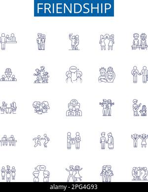 Friendship line icons signs set. Design collection of Bonding, Companionship, Alliance, Fellow feeling, Support, Fellowship, Unity, Affinity outline Stock Vector