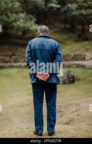 A senior man standing in a grassy meadow with hands on back looking into the distance Stock Photo