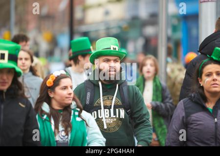 Dublin, Ireland - 03.17.2023: The annual St. Patrick's Day Parade along streets in Dublin City Center. Stock Photo