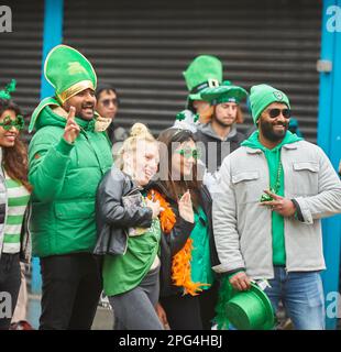 Dublin, Ireland - 03.17.2023: The annual St. Patrick's Day Parade along streets in Dublin City Center. Stock Photo