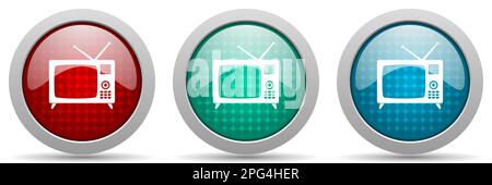 Retro television, tv and video screen vector icon set, glossy web buttons collection Stock Vector