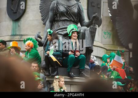 Dublin, Ireland - 03.17.2023: The annual St. Patrick's Day Parade along streets in Dublin City Center. Stock Photo