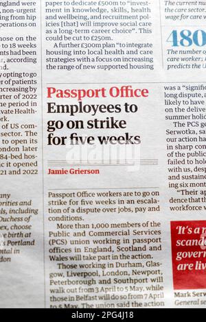 'Passport Office Employees to go on strike for five weeks' Guardian newspaper headline cutting PCS article 18 March 2023 London UK Stock Photo