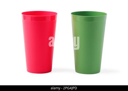 Two colored plastic glasses for drinks isolated on white Stock Photo