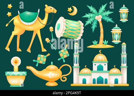 Ramadan 3d elements. Camels, drums, kettles, coconut trees, lanterns, mosques and ketupat Stock Vector