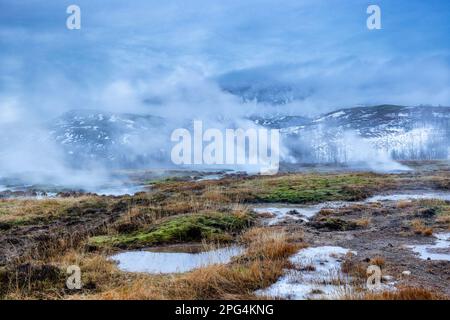 Strokkur hot pools of Haukadalur Valley Geothermal Area on the Golden Circle Route, Iceland Stock Photo