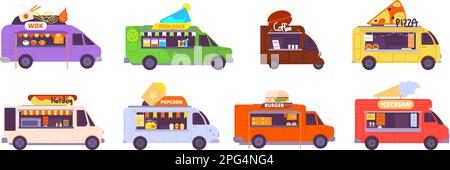 Catering trucks. Festival foodtruck, street cafe van food pushcart, burger pizza hotdog snack restaurant on wheels coffee vehicle bar bus, vector illustration of truck food car, street festival Stock Vector