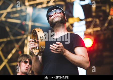 TODAYS Festival, TURIN, ITALY: Joel Gion, of the American psychedelic rock band called “The The Brian Jonestown Massacre” (BJM) performing live on stage at the Todays Festival held in Torino. Stock Photo