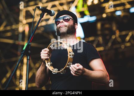 TODAYS Festival, TURIN, ITALY: Joel Gion, of the American psychedelic rock band called “The The Brian Jonestown Massacre” (BJM) performing live on stage at the Todays Festival held in Torino. Stock Photo