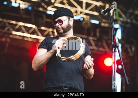 TODAYS Festival, TURIN, ITALY: Joel Gion, of the American psychedelic rock band called “The The Brian Jonestown Massacre” (BJM) performing live on stage at the Todays Festival held in Torino. Stock Photo