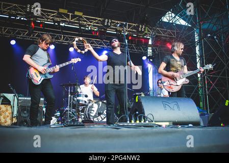 TODAYS Festival, TURIN, ITALY: The American psychedelic rock band called “The The Brian Jonestown Massacre” (BJM) performing live on stage at the Todays Festival held in Torino. Stock Photo