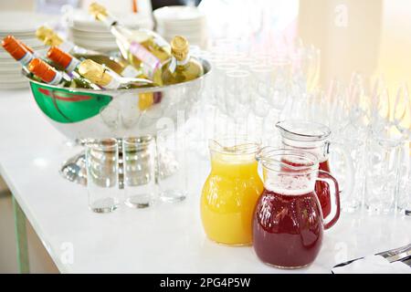 Drinks and bottles of wine at a banquet Stock Photo