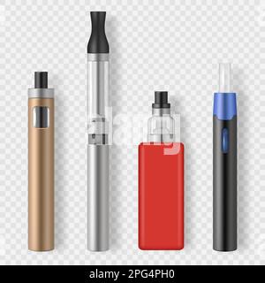 Vape set. Tools for smoking clouds of steam circles puffs decent vector realistic templates Stock Vector