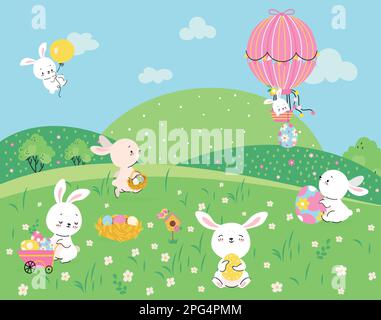 Bunny on meadow. Garden bunnies play hunting eggs. Easter rabbit with color egg on cartoon green floral hills. Animal fly on hot air balloon, nowaday Stock Vector